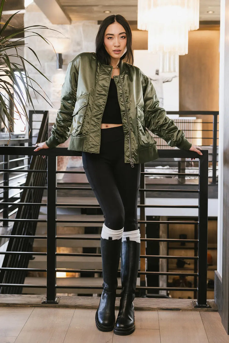 Button up front bomber jacket in green 
