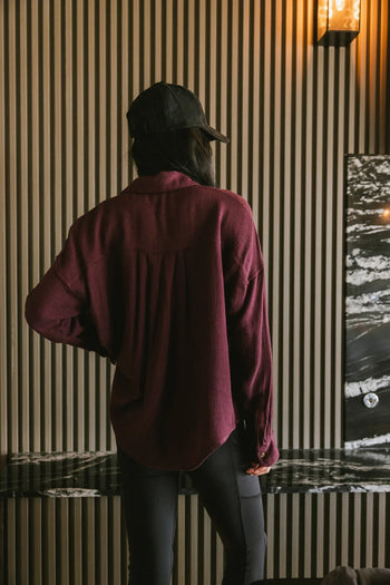 Woven button up in wine 