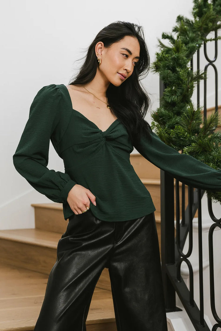 Knot front blouse in emerald 