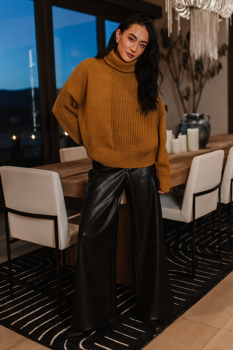 cognac sweater with leather pants