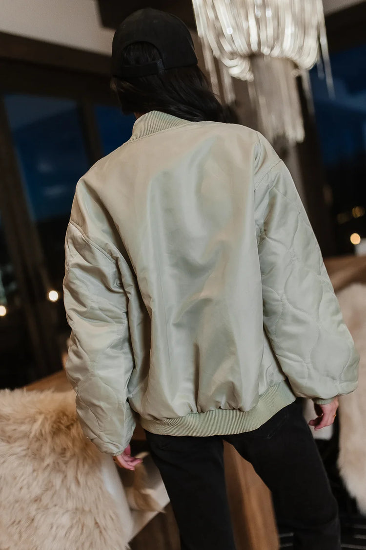 quilted sleeve sage bomber jacket