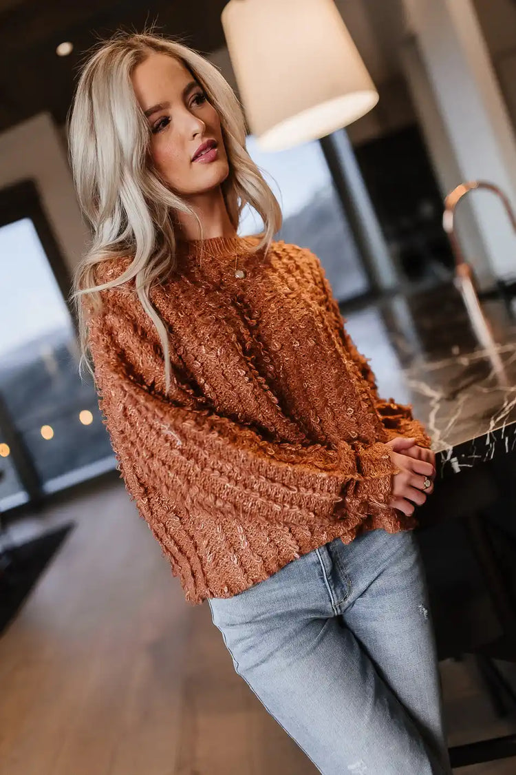 long sleeve fuzzy sweater in brown