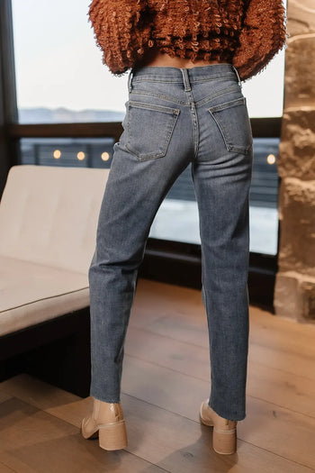 Two back pockets straight legs in medium wash 
