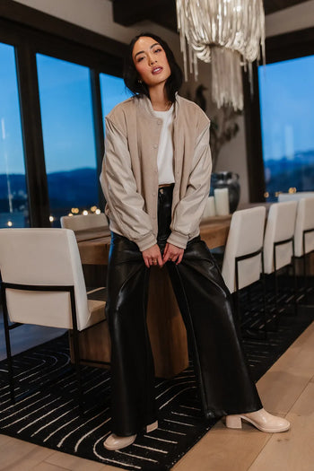 taupe button up varsity jacket 