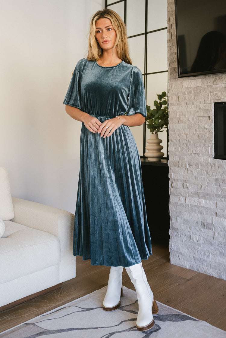 velvet teal midi dress with pleats