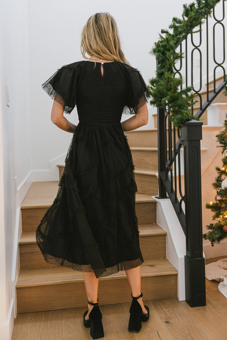 midi length short sleeve mesh dress in black