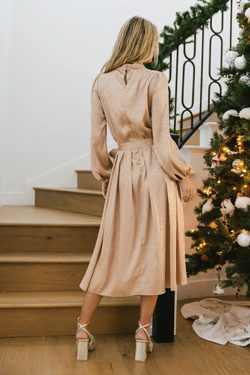 button back closure champagne midi dress