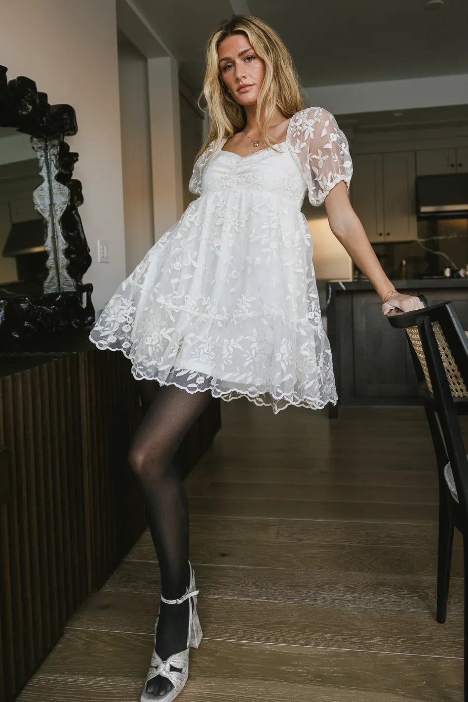 Long Sleeve Lace Babydoll Dress in Cream