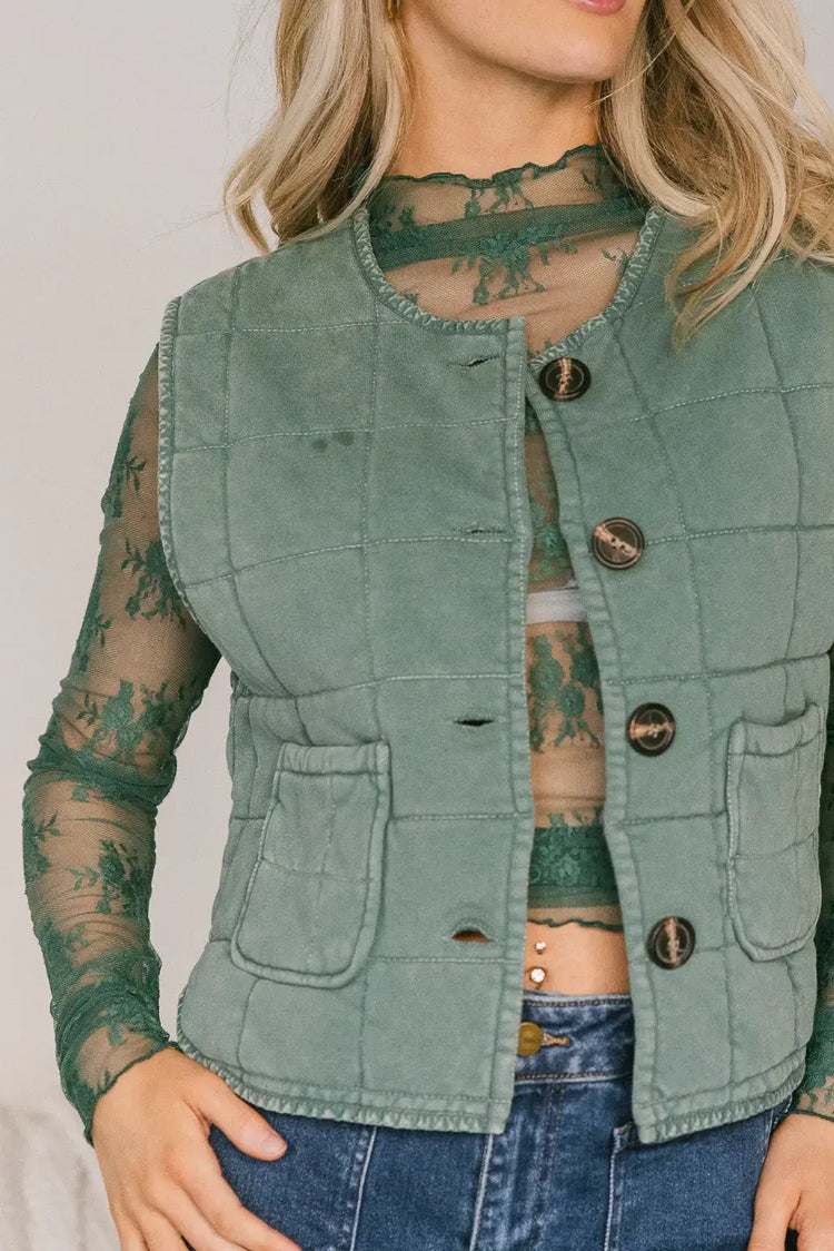 Button up quilted vest in sage 
