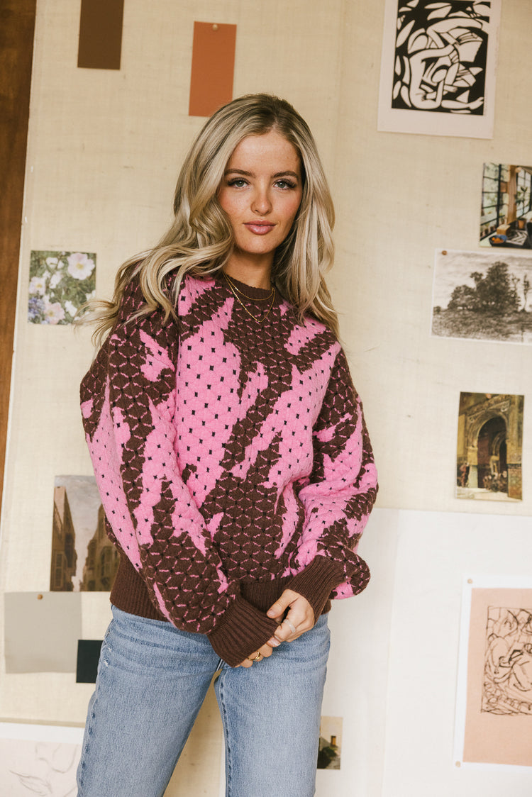 abstract long sleeve pink and brown sweater