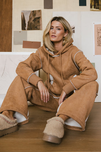 shearling drawstring hoodie in camel