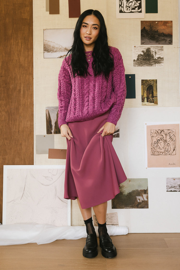 cable knit sweater with satin skirt