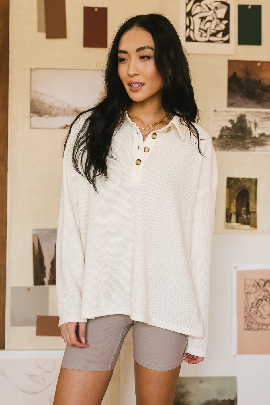Isabelle Waffle Knit Henley Top in Cream