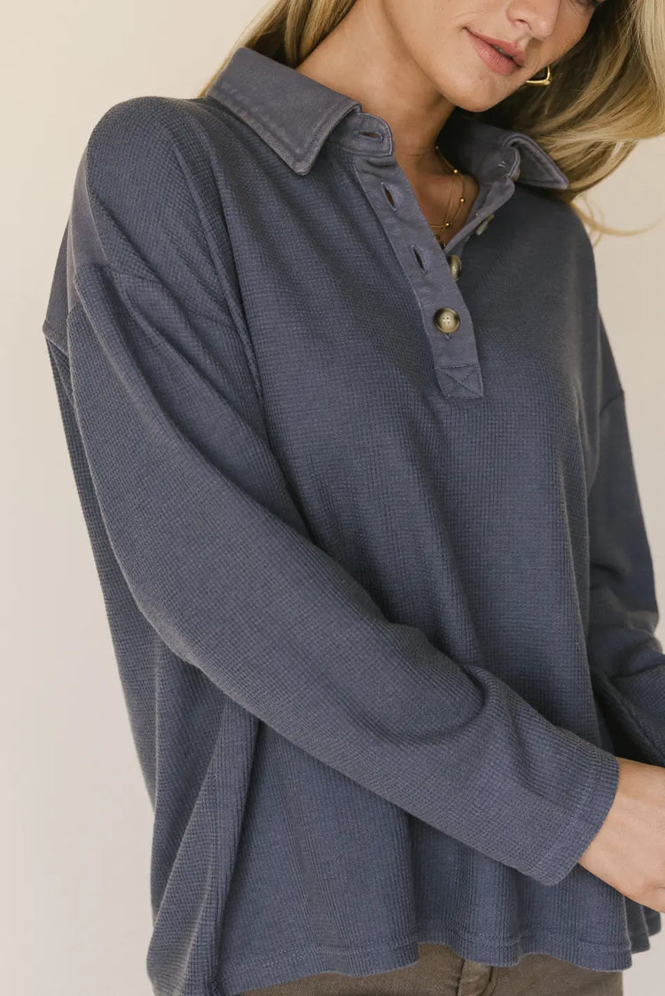 Button detailed neck top in blue 
