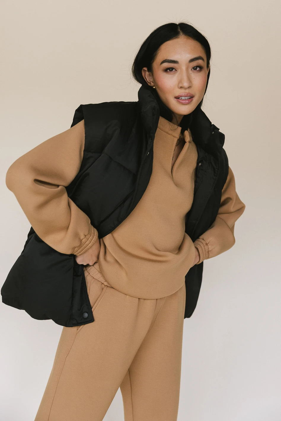 v neck line on camel sweatshirt