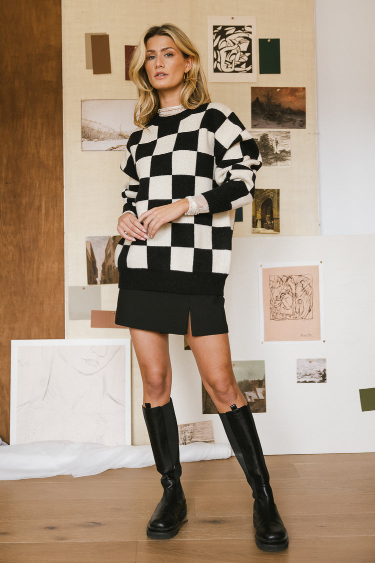 checkered sweater in black and white