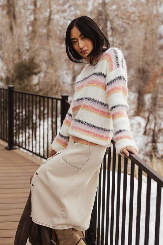 fuzzy colorful striped sweater