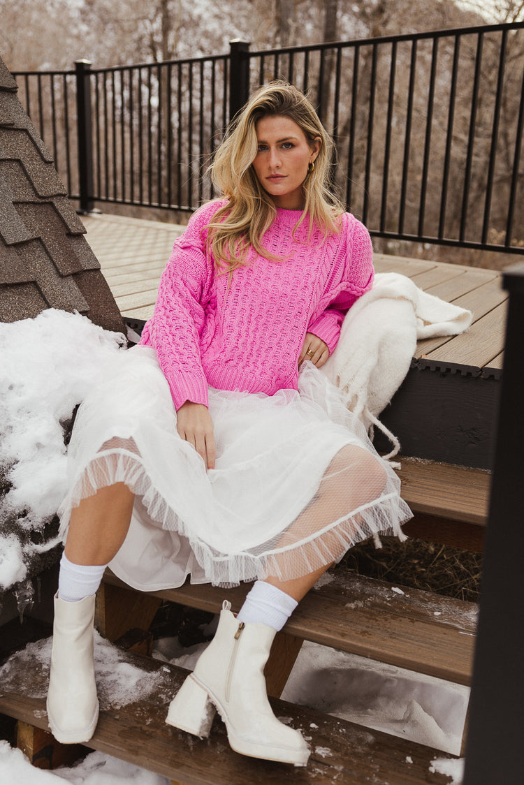 tulle mesh dress with pink sweater
