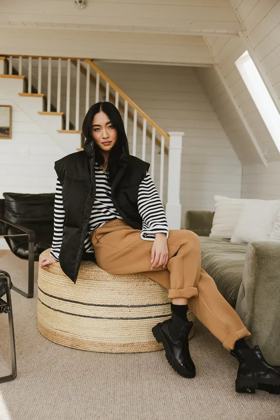 camel comfy sweatpants rolled at the ankle 