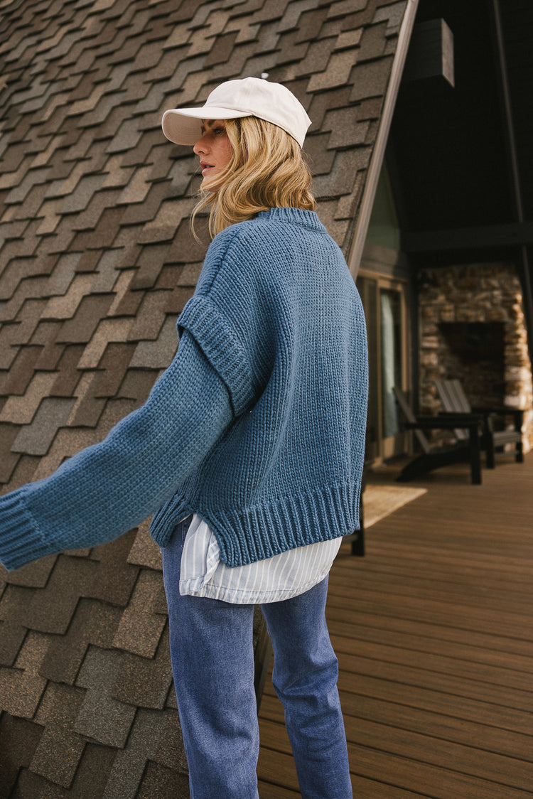 blue side slit sweater