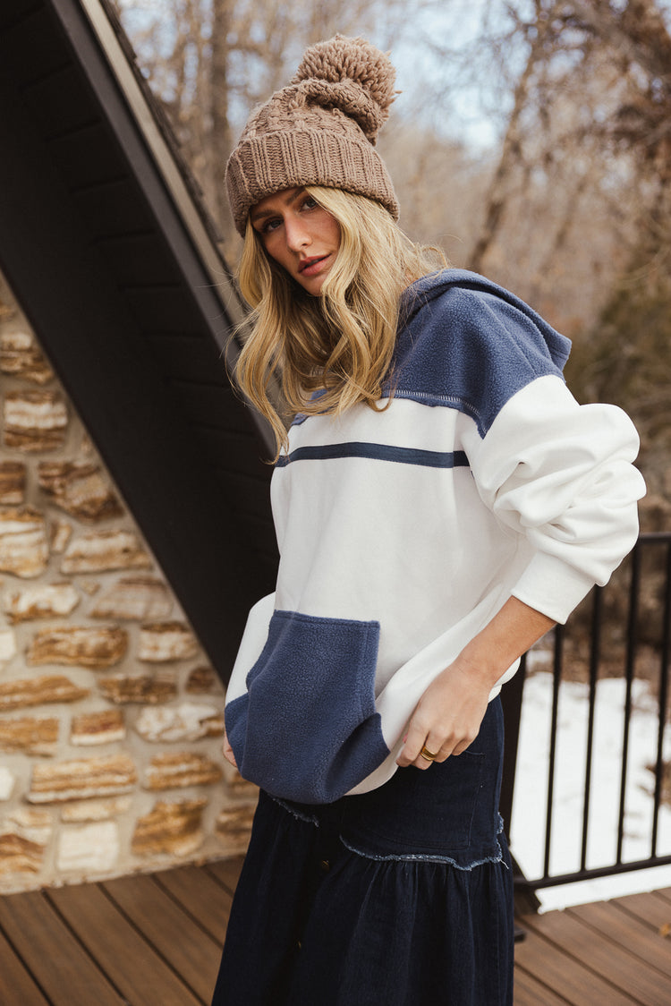 white and blue color block hoodie