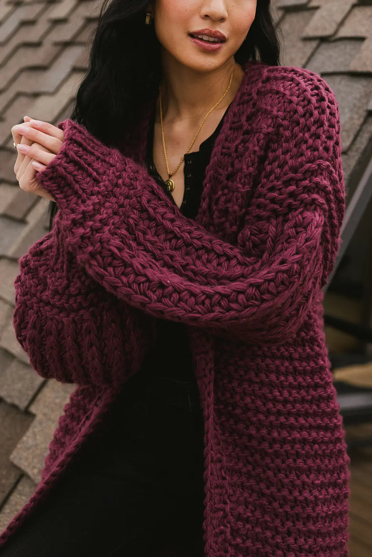 Cable knit long cardigan in purple 