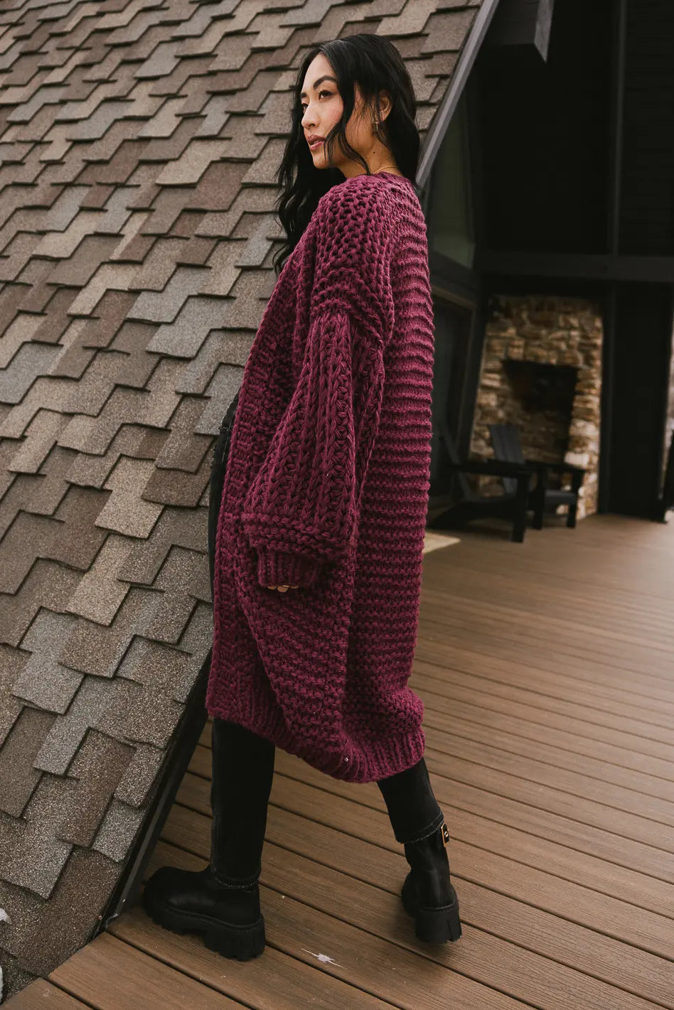 Ribbed cuff sleeves long cardigan in purple 