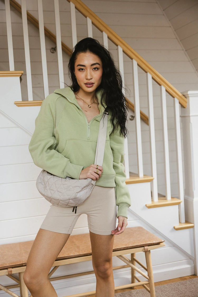Ribbed cuff sleeves half zip sweater in sage 