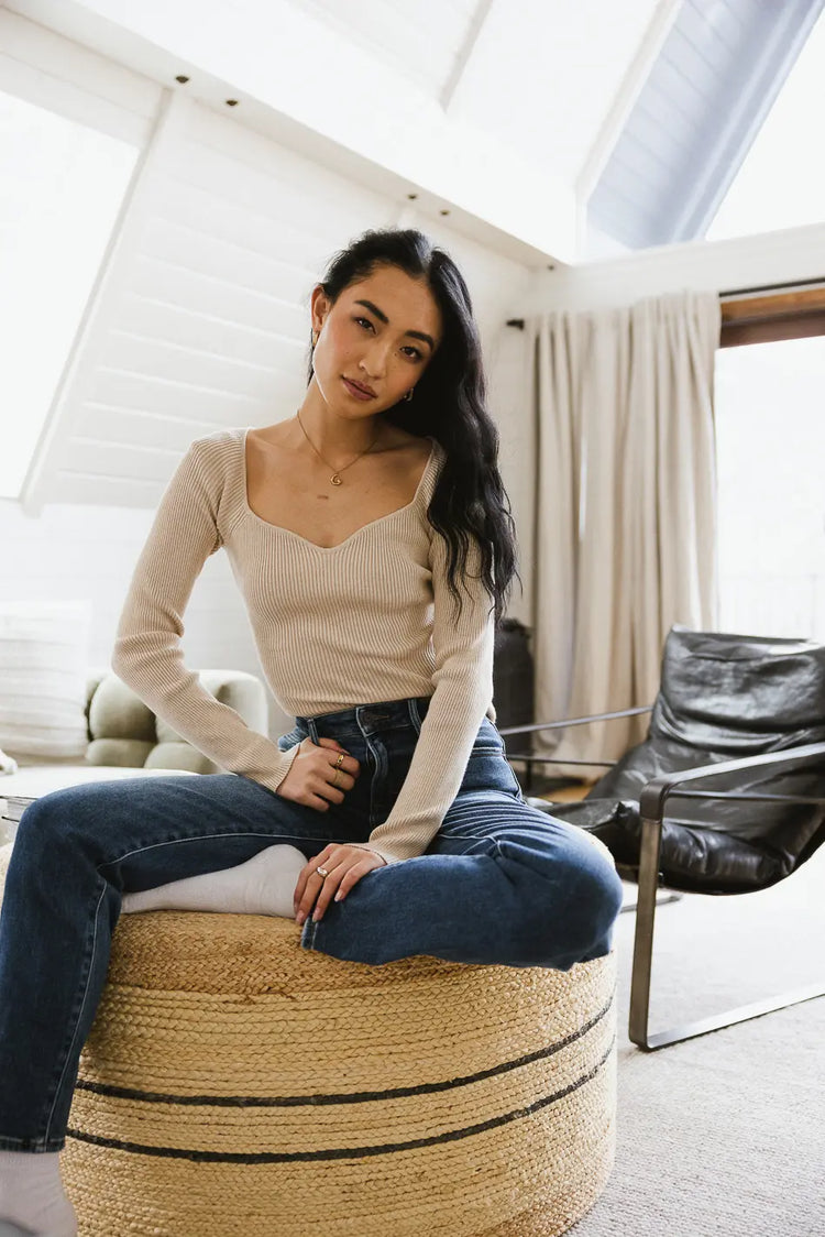 Square neck ribbed sweater in oatmeal 