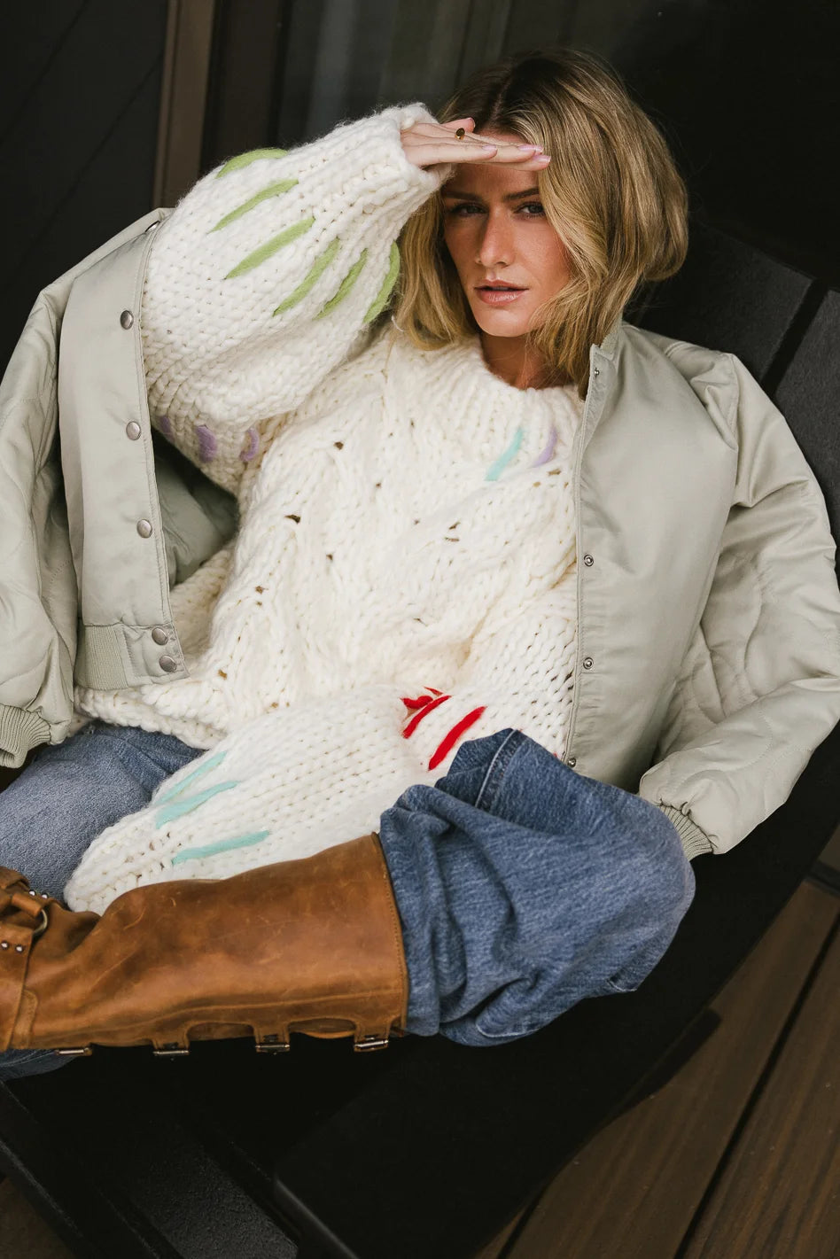 Braided cuff sleeves sweater in white 