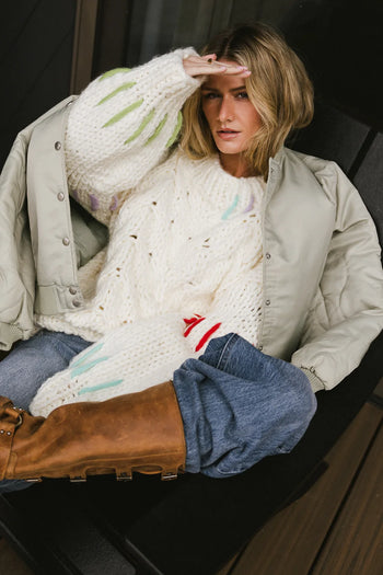 Braided cuff sleeves sweater in white 