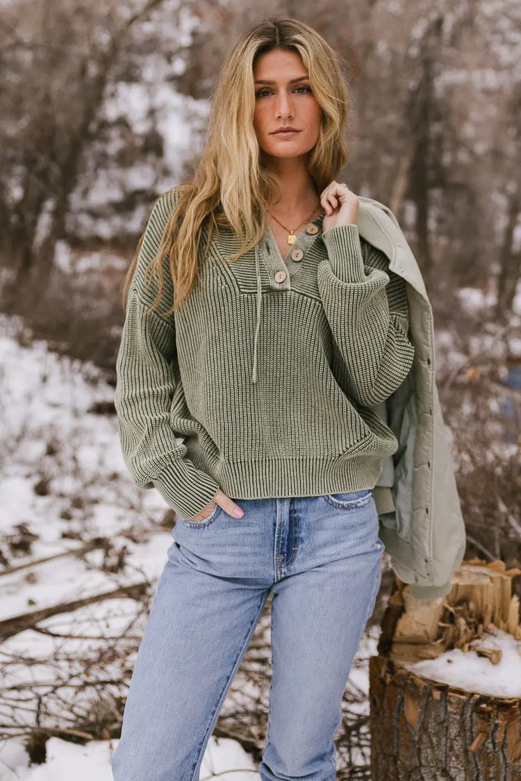 Button neck detailed hooded sweater in sage 