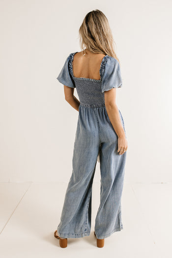 smocked denim jumpsuit