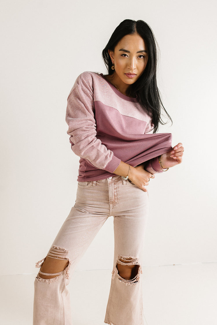 long sleeve color block sweater in pink