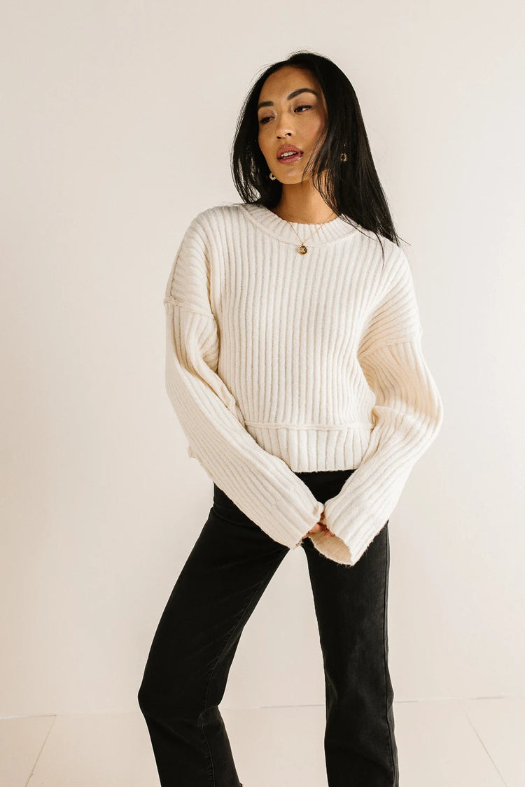 Knit ribbed sweater in cream 