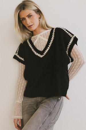 Hazel Embroidered Sweater Top in Black