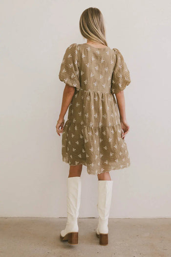 Embroidered floral dress in mustard 