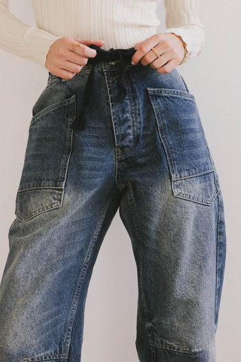 NAVY ADJSUTABLE WAIST TIE DENIM