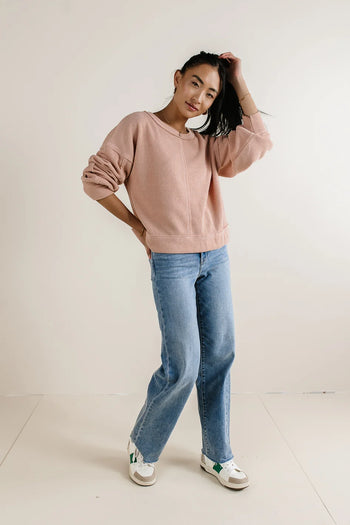 Round neck waffle sweater in blush 