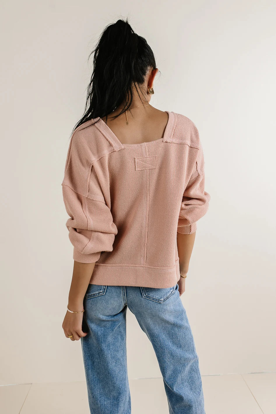 Square neck waffle knit sweater in blush 