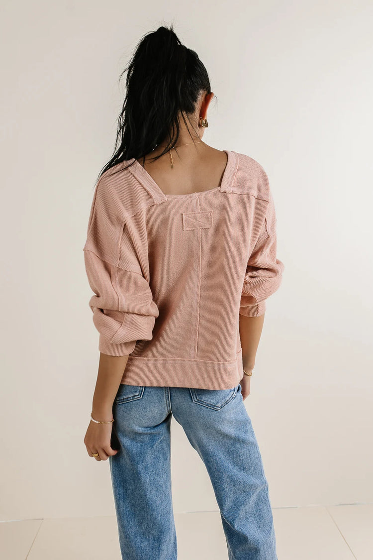Square neck waffle knit sweater in blush 