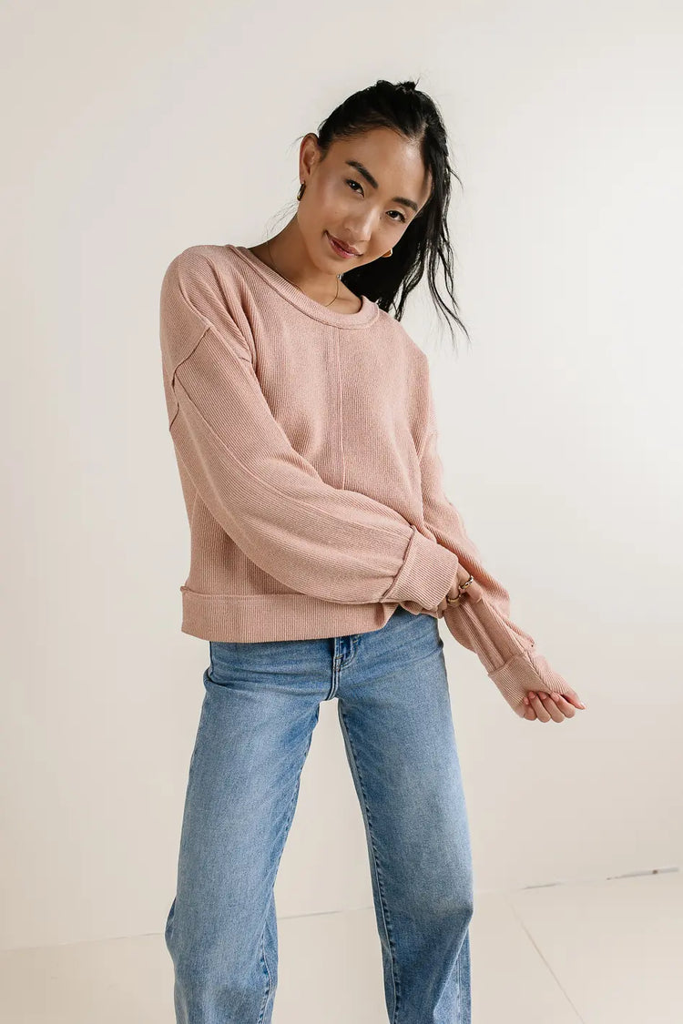Long sleeves waffle sweater in blush 