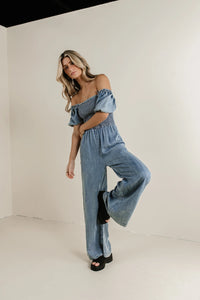 Off shoulder styled denim jumpsuit 