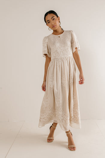 smocked bodice short sleeve midi dress