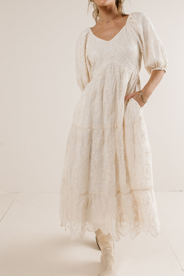embroidered lace dress in natural