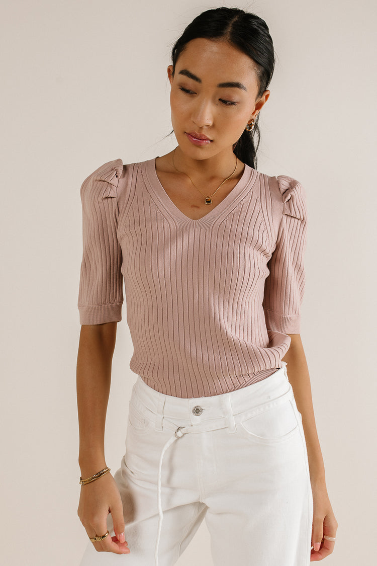 3/4 sleeve ribbed top in pink