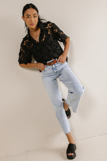 short sleeve lace button up top