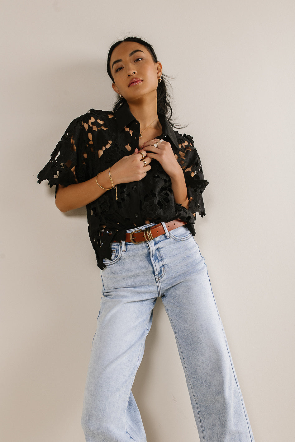 lace button up in black