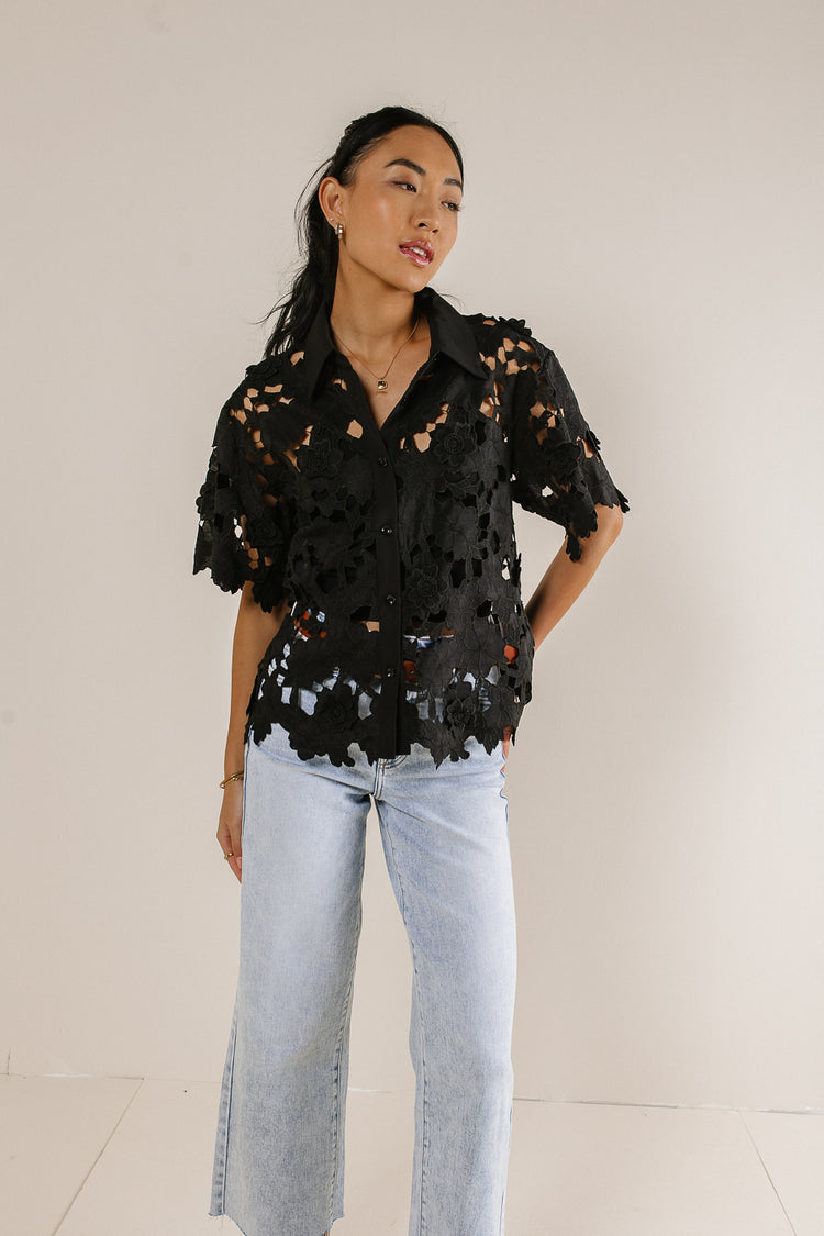 black collared button up top with lace