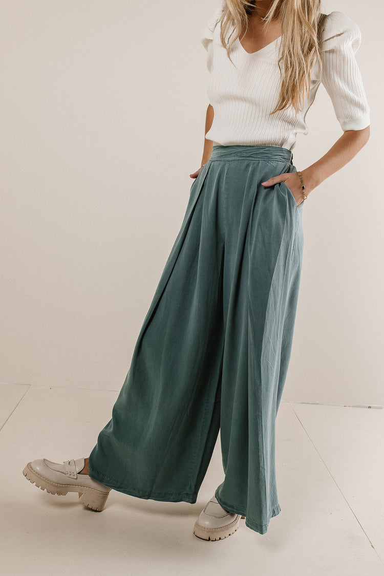 teal tencel pants with front pockets